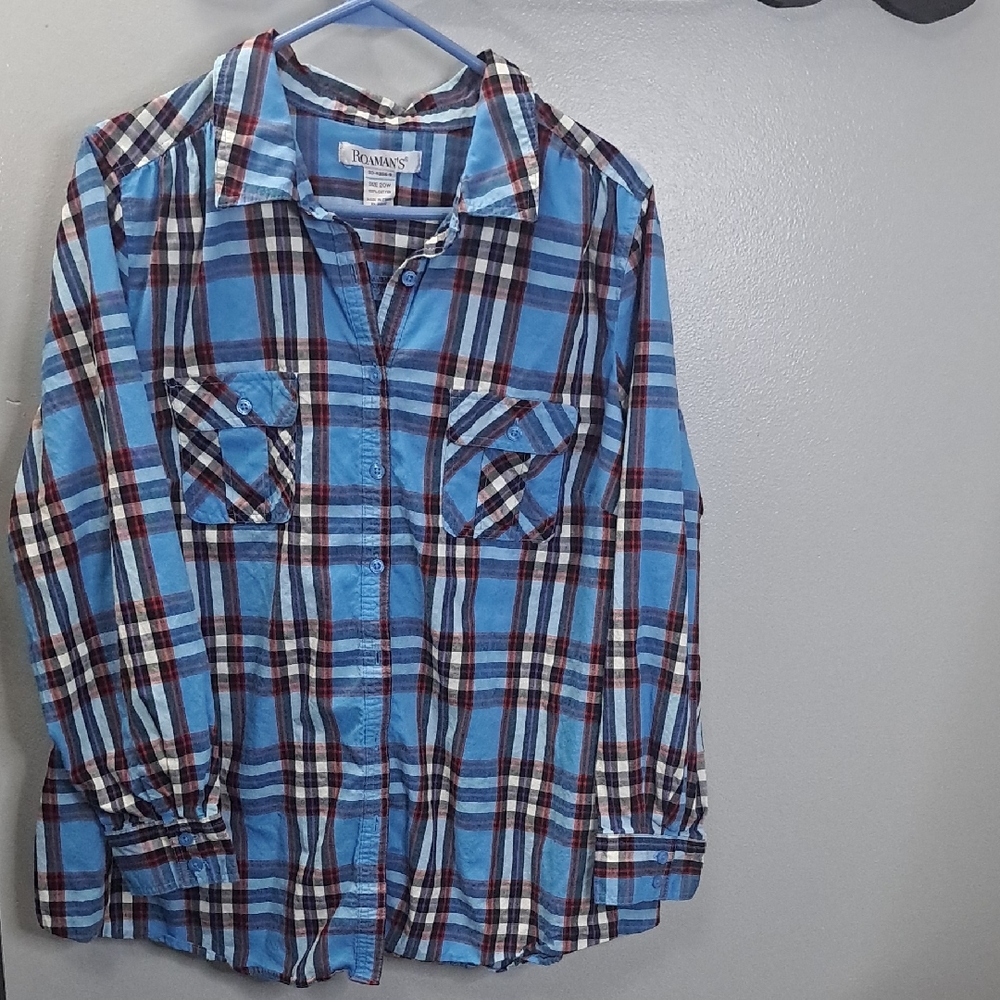 Roaman's Cotton Blue and Black Plaid Button Down Shirt Size 20W PTP:26